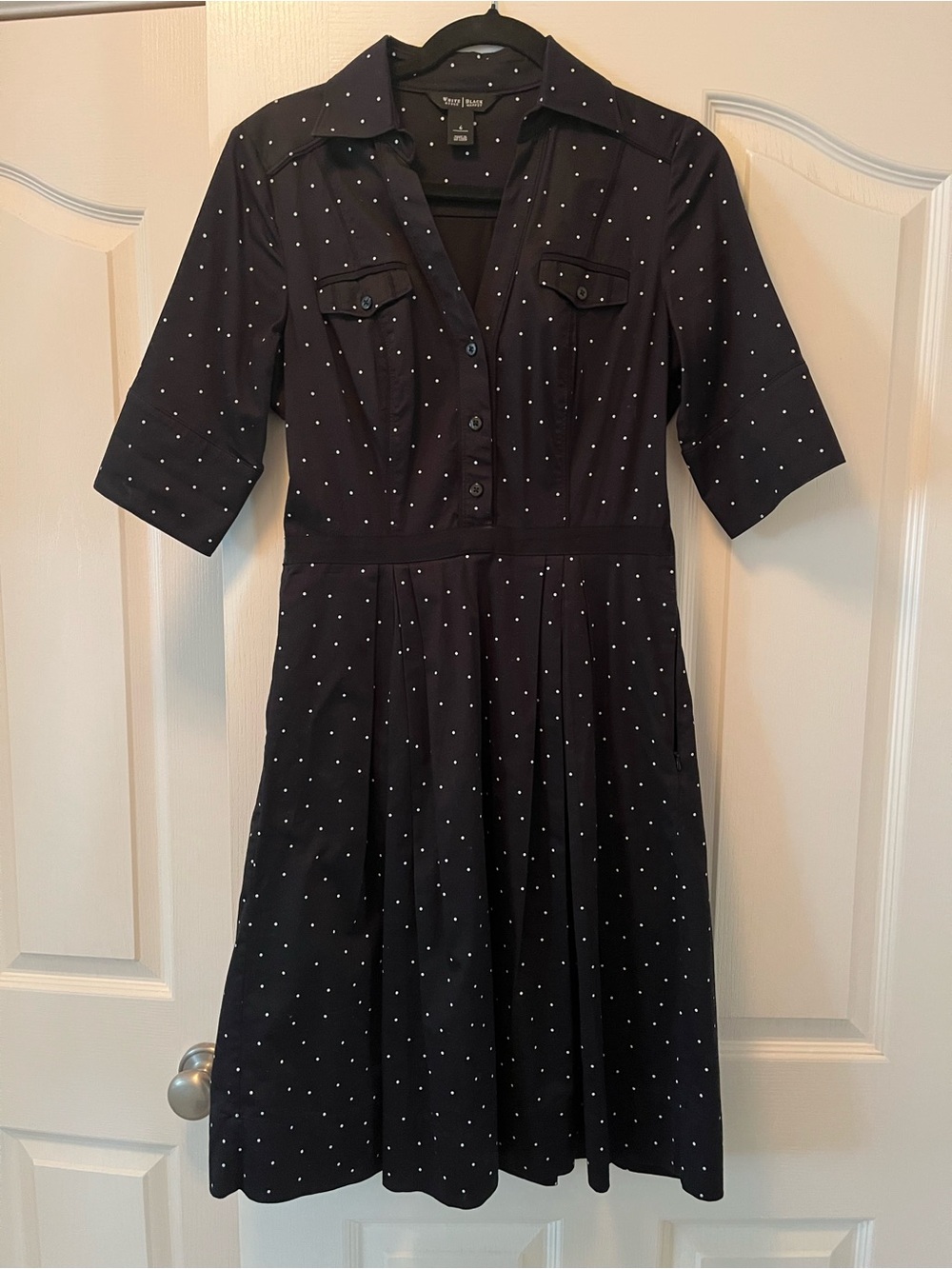 White House Black Market Black Midi Dress with White Polka Dots